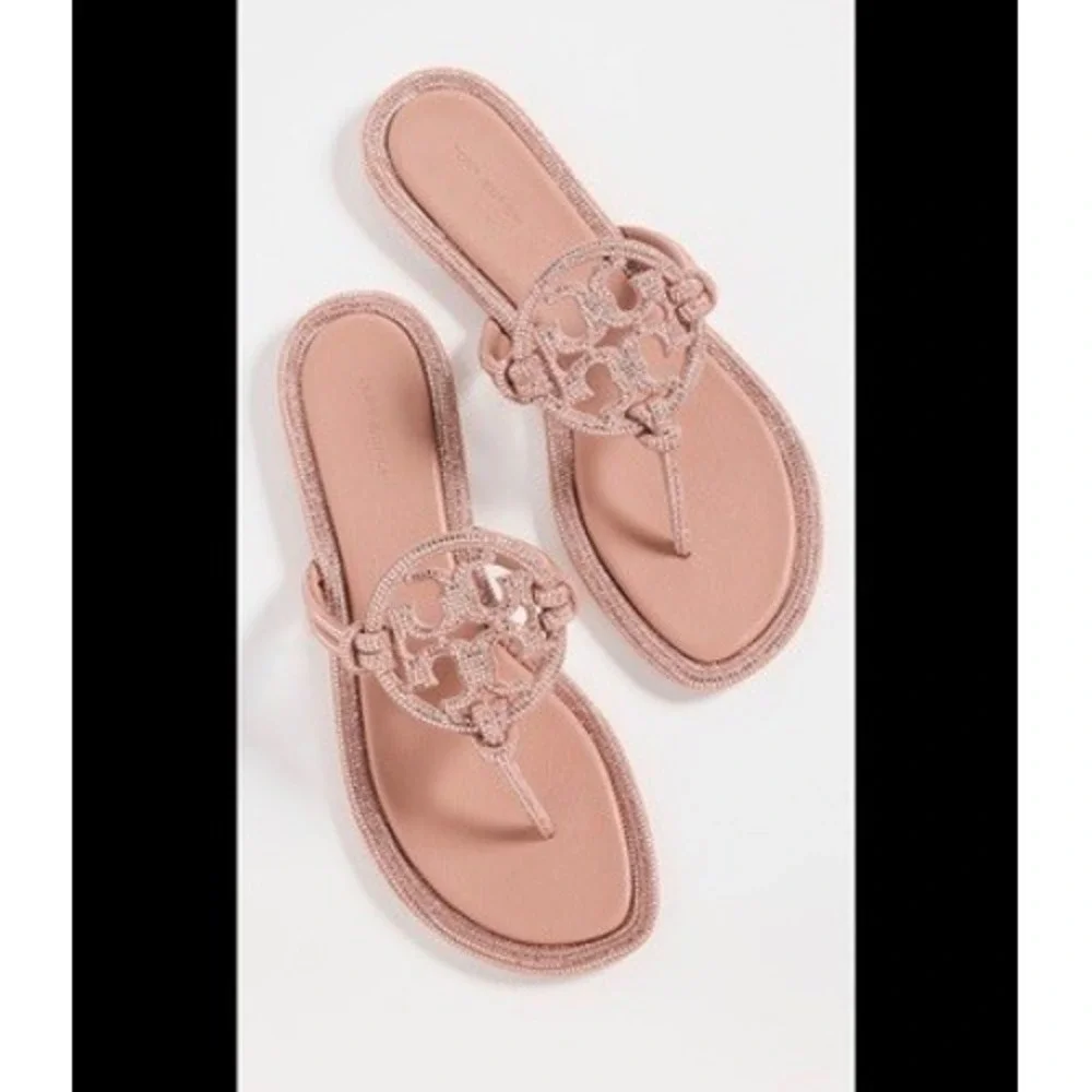 Authentic Tory Burch Miller Crystal Sandals Rose Gold Pink Embellished Flat 9.5M